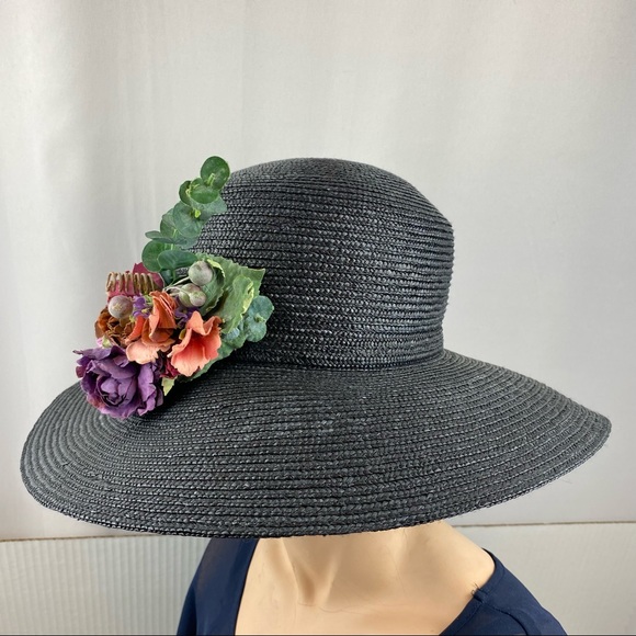 Fancy Black Wide Brim Hat 🎩 For the Races Saratoga Belmont Kentucky Derby - Picture 2 of 7